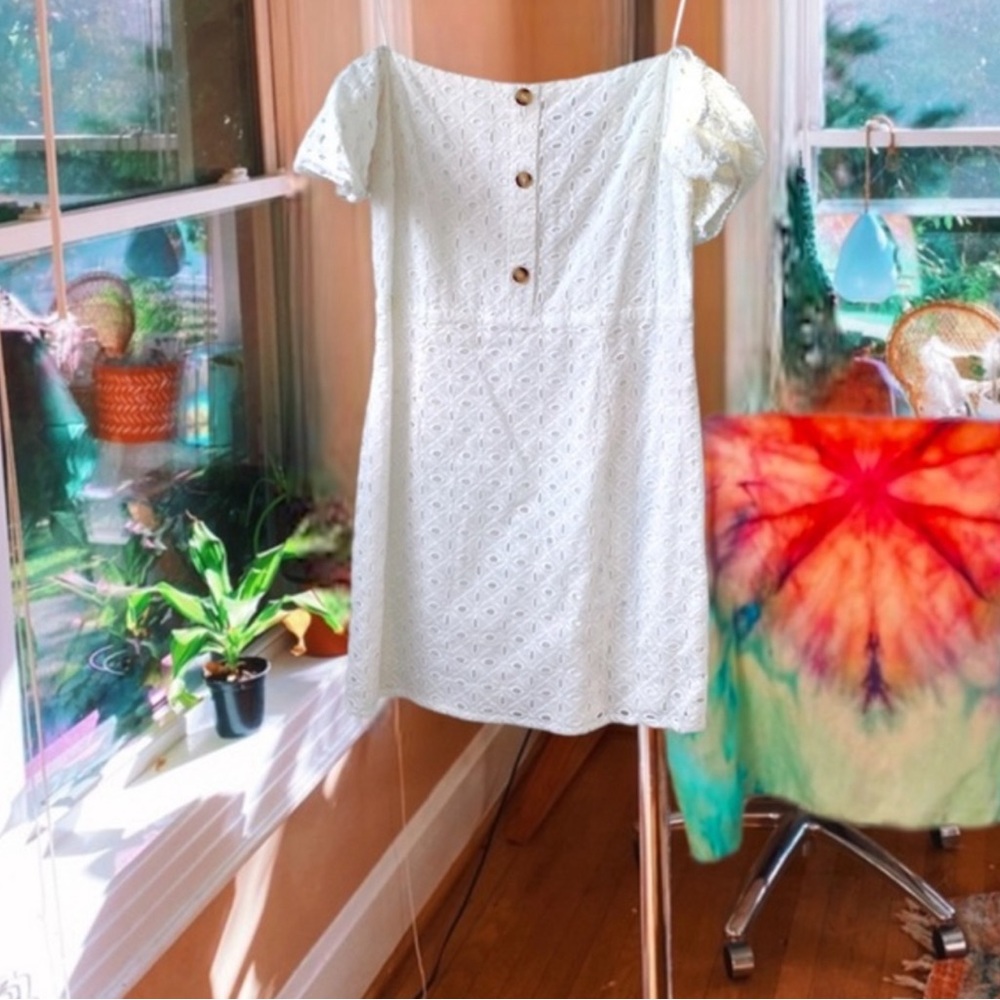 blush boutique white picollina off the shoulder lace mini dress